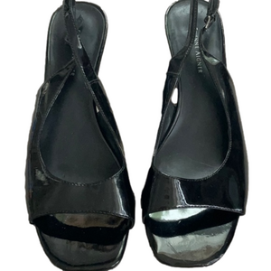 WOMENS ETIENNE AIGNER SQUARE OPEN TOE Patent Slingback Black Wedges US 8.5